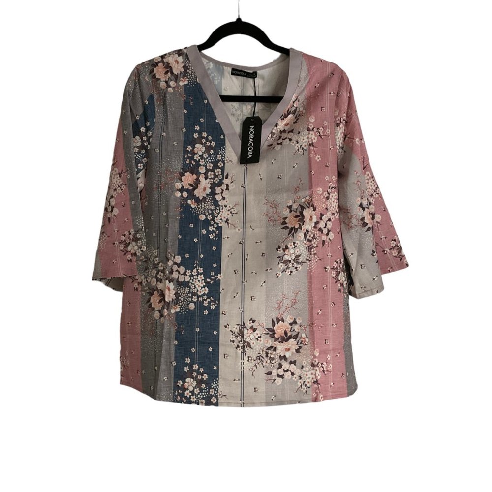 Noracora Striped Floral Blouse 3/4 Sleeves Pullover style V- Neck‎ Small
